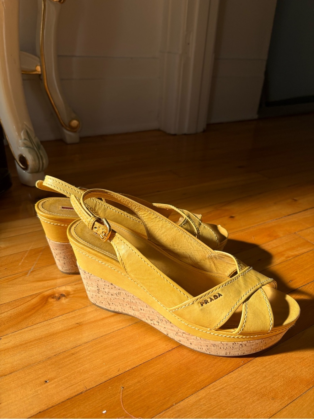 Prada Yellow Suede Cork Wedge Sandals with Slingback